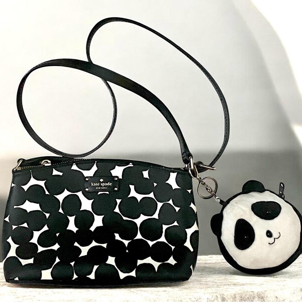 Kate Spade Dot Print Crossbody Black White + Panda Plush Coin Pouch Charm.